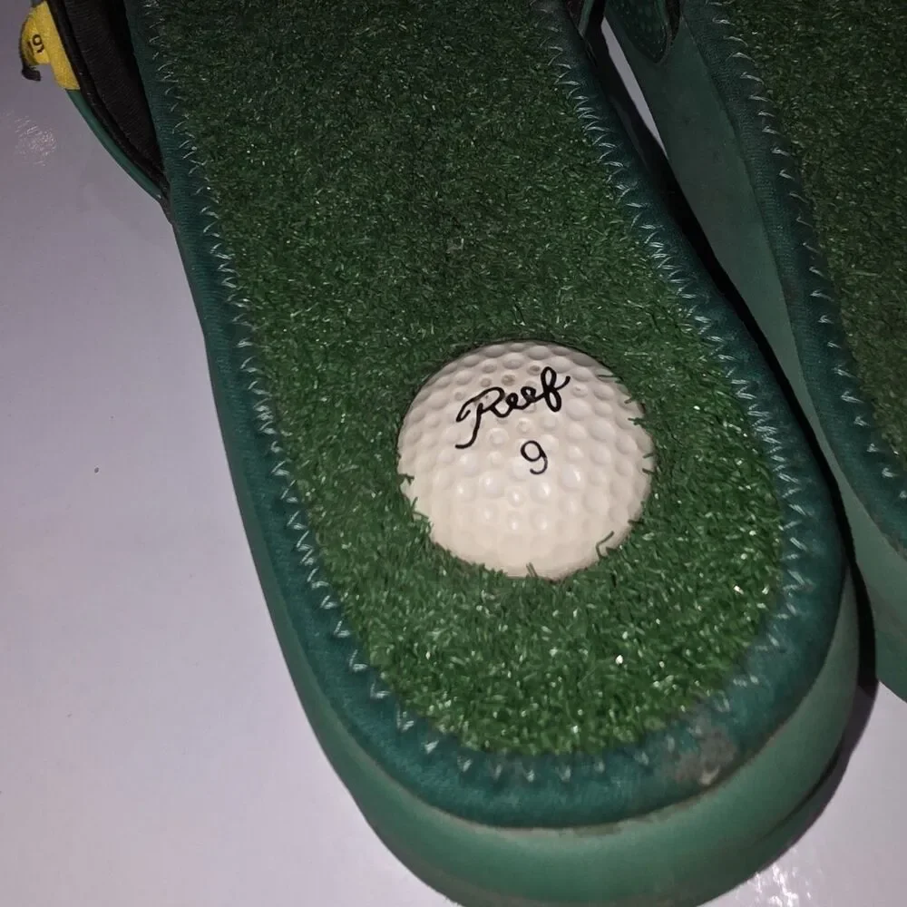 REEF MULLIGAN Sz 9 Green Turf Grass Golf Ball Heel Slide On Sporty Logo Sandals